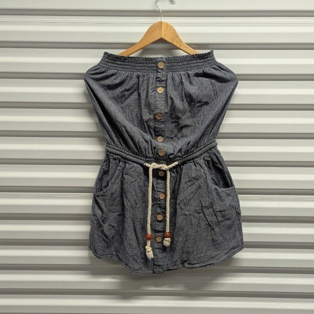 Boho Western Festival Cowgirl Strapless Chambray Mini Dress Rope Belt Pockets XS